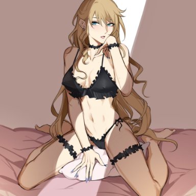 genshin impact, navia (genshin impact), yukaero4, bed, blonde hair, blue eyes, breasts, female, female focus, female only, lingerie, lingerie only, long hair, looking at viewer, pose