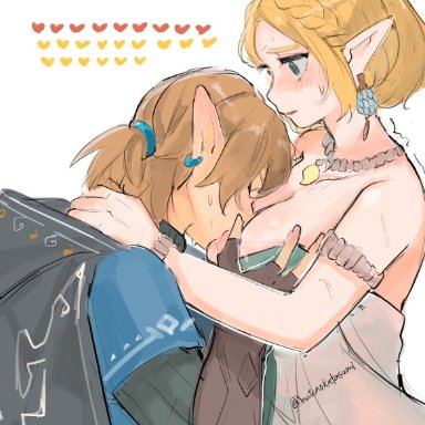 breath of the wild, tears of the kingdom, the legend of zelda, hylian, link, link (breath of the wild), princess zelda, zelda (tears of the kingdom), hatenokatasumi (artist), 1boy1girl, blush, breast sucking, breastfeeding, clothed, drinking milk