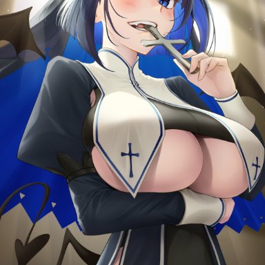 hololive, hololive english, hololive english -council-, hololive english -promise-, ouro kronii, somebody, 5 fingers, big breasts, big thighs, biting, blue eyes, breasts, cleavage, cross, cute fang