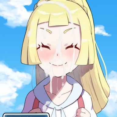 pokemon, pokemon sm, lillie (pokemon), chiwino, backpack, bag, blonde hair, blunt bangs, braid, closed eyes, cloud, cum, cum covered, cum on body, cum on face