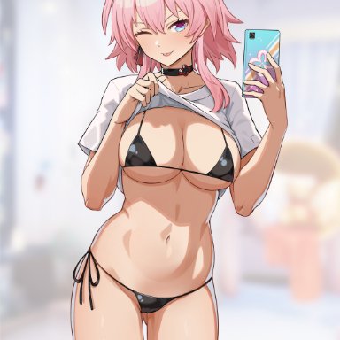 honkai: star rail, march 7th (honkai: star rail), bonz0616, :p, bikini, black bikini, cellphone, choker, cleft of venus, cowboy shot, micro bikini, one eye closed, shirt lift, short sleeves, swimsuit