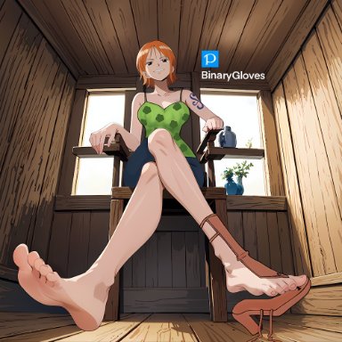 one piece, arlong, nami, nami (one piece), binarygloves, 1girls, barefoot, close up feet, crossed legs, delicious feet, delicious soles, detailed feet, dominant female, dominated, domination