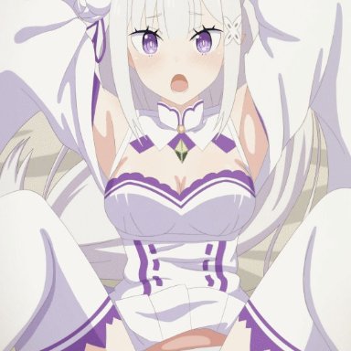 emilia (re:zero), big breasts, elf, elf ears, elf female, elf girl, flower in hair, flower ornament, hair ornament, half-elf, laying down, laying on back, laying on bed, light skin, light-skinned female