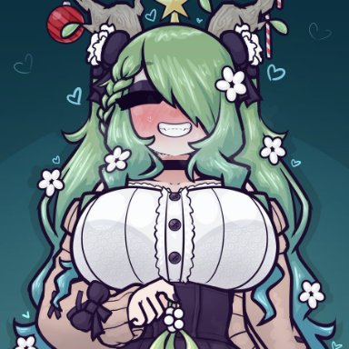 hololive, hololive english, hololive english -council-, hololive english -promise-, ceres fauna, kirin, limebreaker, 1girls, antlers, branch, female, futanari, green hair, grinning, implied futanari