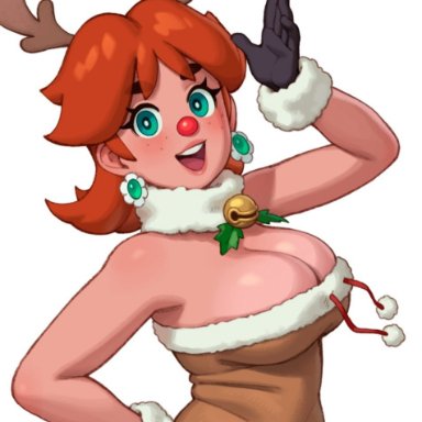 christmas, mario (series), nintendo, princess daisy, rizdraws, 1girls, blue eyes, breasts, brown hair, cleavage, clothing, female, female only, huge breasts, large breasts