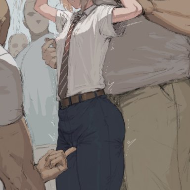 10shock (artist), blush, chikan, femboy, gay, holding hands, imminent rape, imminent sex, male, male only, molestation, muscular, muscular male, necktie, public