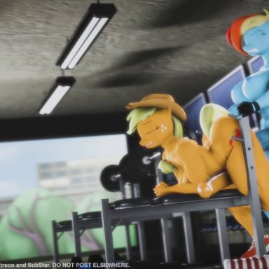 friendship is magic, my little pony, applejack (mlp), rainbow dash (mlp), screwingwithsfm, 1futa, 1futanari, anthro, anthro pony, athletic futanari, blonde hair, blue body, blue penis, blue pony, cowgirl