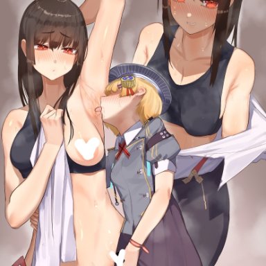 kikimifukuri, 1boy, 1girls, armpit, armpit fetish, armpits, arms up, bigger female, blush, breasts, female, femdom, licking, licking armpit, male