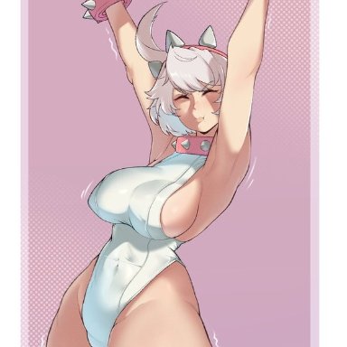 guilty gear, guilty gear strive, guilty gear xrd, elphelt valentine, hexprinxess, armpits, arms up, big breasts, leotard, light skin, light-skinned female, nipple bulge, pale skin, pale-skinned female, sideboob