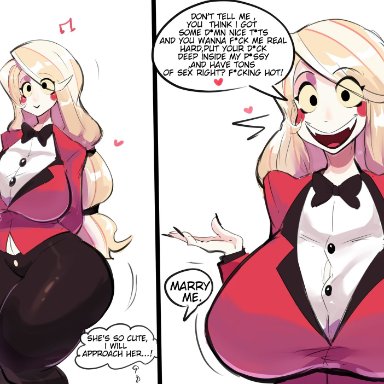 hazbin hotel, pinkkoffin, 1girls, alternate breast size, big ass, big breasts, blonde hair, breasts, clothed, demon, demon girl, female, female only, huge breasts, large breasts