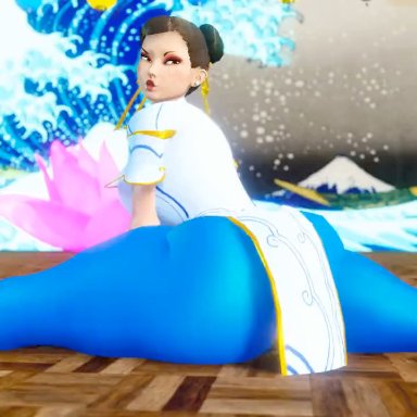 street fighter, street fighter 6, chun-li, prevence, ass, ass shake, big ass, big butt, blue pants, bouncing ass, brown hair, huge ass, huge butt, lipstick, looking back