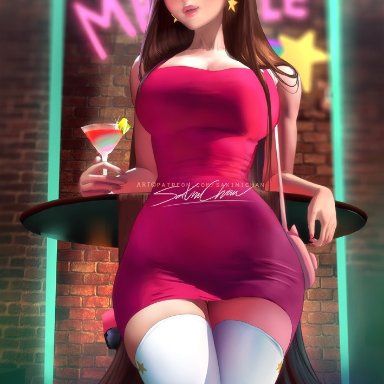 disney, gravity falls, mabel pines, sakimichan, cleavage, cocktail dress, dress, female, huge ass, huge breasts, lips, thick lips, thick thighs, thighhighs, wide hips