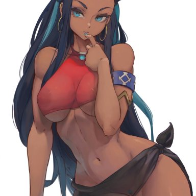 game freak, nintendo, pokemon, pokemon ss, gym leader, nessa (pokemon), lesottart, 1girls, abs, alternate breast size, black hair, blue eyes, breasts, dark skin, dark-skinned female