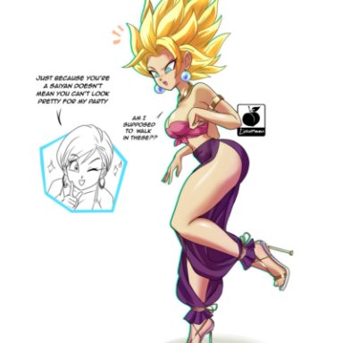 dragon ball, dragon ball super, bulma briefs, caulifla, linkartoon, 2girls, armband, blonde hair, blue eyes, breasts, cleavage, clothing, earrings, feet, female