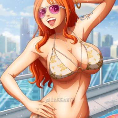 grand theft auto vi, one piece, nami, nami (one piece), white bikini girl(gta vi), rakara11, 1girl, arm up, belly button, big breasts, bikini, bracelet, busty, city, city background