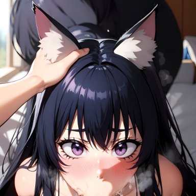 the eminence in shadow, cid kagenou, delta (the eminence in shadow), ai generated, lewdcreationsai, :&gt;=, 1girl1boy, 1girls, all fours, animal ears, big breasts, blowjob, blowjob face, blue hair, blush