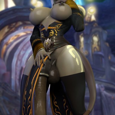 blizzard entertainment, warcraft, world of warcraft, draenei, lightforged draenei, xu'ne, chaossu3d, clothed, clothing, draenei futa, futa only, futanari, horsecock, huge cock, mostly clothed