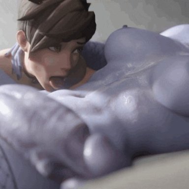 tracer, widowmaker, nyl2, female, female on futa, futanari, licking, muscular female, muscular futanari, no penetration, throbbing penis, animated