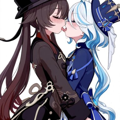 genshin impact, furina (genshin impact), hu tao (genshin impact), 2girls, ahoge, blue hair, blush, brown hair, closed eyes, female only, french kiss, hand on butt, hat, heart, kissing