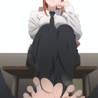 chainsaw man, makima (chainsaw man), srun123, 1boy1girl, feet, feet focus, feet on penis, female, foot fetish, foot focus, hand on chin, light skin, light-skinned female, looking at viewer, looking down