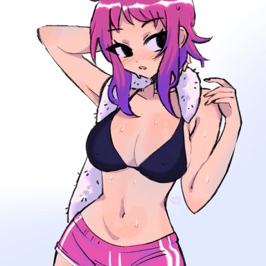 scott pilgrim, ramona flowers, megrocks, 1girls, arm behind head, arm up, black eyes, black nails, bra, dolphin shorts, female, nail polish, pink hair, purple hair, short hair