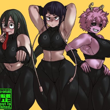 my hero academia, kyoka jiro, mina ashido, tsuyu asui, shosho oekaki, 3girls, armpits, big breasts, black hair, female, female only, green hair, large breasts, long hair, navel