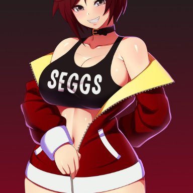 rwby, ruby rose, jadenkaiba, 1girls, alternate breast size, blush, breasts, female, hoodie, large breasts, light skin, light-skinned female, looking at viewer, naughty face, red hair