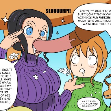 one piece, nami, nico robin, tony tony chopper, ginspot, 1animal, 2girls, anthro, big breasts, cum, cum in mouth, cum on breasts, deer, fellatio, furry