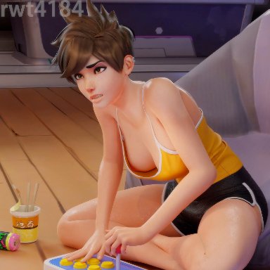 blizzard entertainment, overwatch, overwatch 2, lena oxton, tracer, rwt4184, 1girls, adult, adult girl, areola, areola slip, areolae, areolae slip, barefoot, black eyebrows