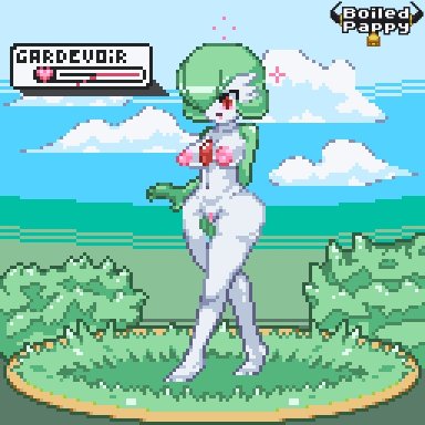 pokemon, pokemon rse, gardevoir, pokemon (species), boiled pappy (artist), 1girls, ass, big breasts, blush, female, fingering, grass, green hair, happy, heart