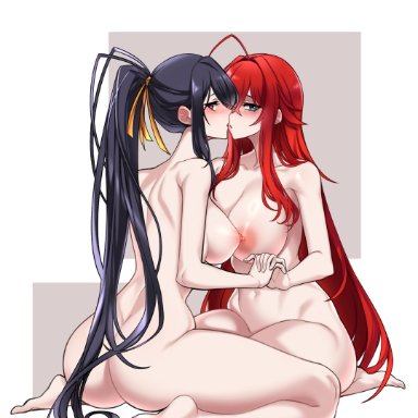 high school dxd, akeno himejima, rias gremory, dogs (dlrkdejr26), :o, 2girls, ahoge, aqua eyes, ass, asymmetrical docking, back, bare shoulders, barefoot, black hair, blush