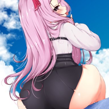 goddess of victory: nikke, yuni (nikke), ether core, 1girls, ass, bottom heavy, clothed, clothed female, dat ass, female, huge ass, light skin, light-skinned female, long hair, pink hair