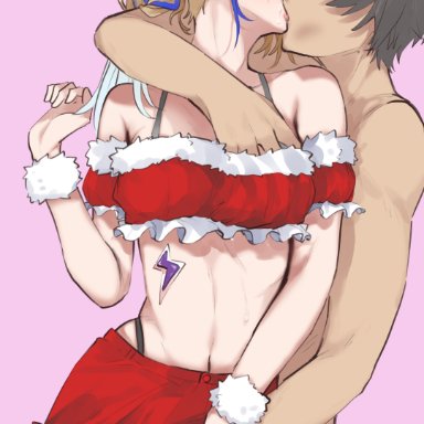 christmas, honkai (series), honkai: star rail, caelus (honkai: star rail), serval landau, shion1350, bare shoulders, blonde hair, blush, crop top, crotch grab, earrings, female, grabbing, grabbing another's breast