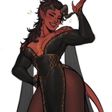 baldur's gate, baldur's gate 3, dungeons and dragons, karlach, milkcubus, arm up, black dress, black hair, breasts, broken horn, brown pantyhose, cleavage, closed eyes, colored skin, demon tail