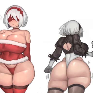 christmas, nier, nier: automata, yorha 2b, gonzalo costa, kelvin hiu, 1girls, android, android girl, ass, breasts, dat ass, female, front and back, hips