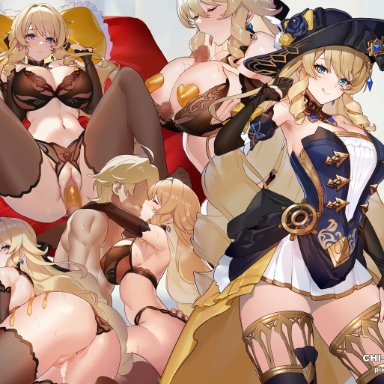 genshin impact, aether (genshin impact), navia (genshin impact), chi-rol, 1boy, after sex, ass, bare shoulders, black bra, black dress, black footwear, black gloves, black headwear, black panties, blonde hair