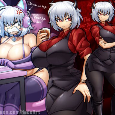 helltaker, malina (helltaker), zzzhodazzz, angry, gaming chair, hadoart, headset, huge breasts, thick thighs, voluptuous female