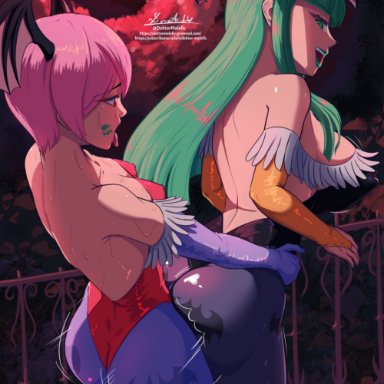 vampire (game), lilith aensland, morrigan aensland, doktor malefic, 1futa, 1girls, 2demons, back, back view, big ass, big breasts, breasts, clothed, clothed sex, clothing