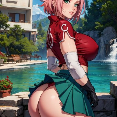 naruto, sakura haruno, s8link, 1girls, ass, black gloves, black legwear, black thighhighs, breasts, clothes lift, clothes pull, clothing, crop top, curvaceous, day