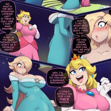 mario (series), nintendo, super mario galaxy, princess peach, princess rosalina, schpicy, 1futa, 1girls, big ass, big breasts, big bulge, big penis, blonde hair, blue eyes, boob window