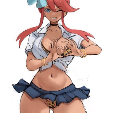 game freak, nintendo, pokemon, pokemon bw, gym leader, skyla (pokemon), rakeemspoon, 1girls, blue eyes, breasts, brown skin, cleavage, female, gal, gyaru