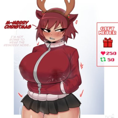 christmas, scott pilgrim, kim pine, ryz ryz, 1girls, antlers, big breasts, blush, breasts, busty, christmas outfit, clothed, curves, curvy, embarrassed