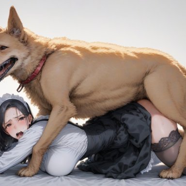 nanikasan17761, 1animal, 1girls, big breasts, black eyes, black hair, blush, breasts, canine, clothed, clothed sex, doggy style, female, hairband, long hair