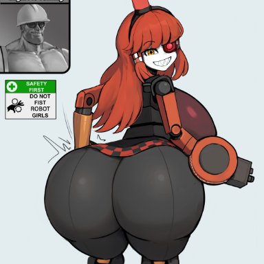 team fortress 2, mimi sentry, monochrome ai, ass focus, big ass, big breasts, engineer gaming, female, female only, huge ass, huge breasts, no underwear, red hair, robot, robot girl