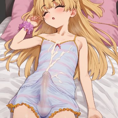 idolmaster, idolmaster cinderella girls, jougasaki rika, rika jougasaki, 1futa, balls, balls visible through clothing, bed, blonde hair, closed eyes, clothed, cum, cum on belly, cum on body, cum on breasts