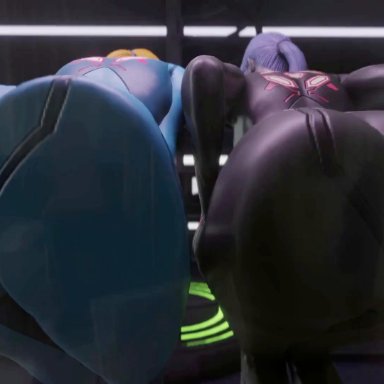 metroid, nintendo, dark samus, samus aran, zero suit samus, kishi, 2girls, ass, ass focus, ass on glass, ass press, ass shake, blonde hair, blue hair, bodysuit