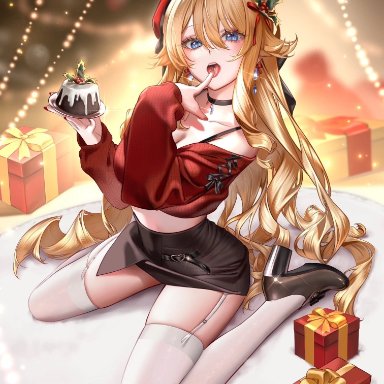 christmas, genshin impact, navia (genshin impact), ringeko chan, 1girls, blonde hair, blue eyes, breasts, choker, christmas outfit, clothing, full body, garter straps, gift, high heels