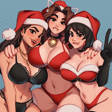 christmas, fortnite, fortnite: battle royale, alyssa bandicoot (oc), evie (fortnite), ruby (fortnite), magaska19, 3girls, bell, big breasts, black hair, brown hair, jewelry, santa hat, thick thighs