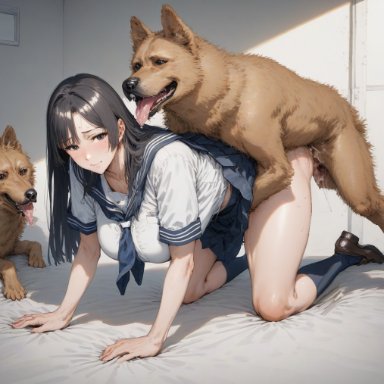 nanikasan17761, 1girls, 2animals, animal penis, bed, big breasts, black hair, blue eyes, blush, breasts, canine, closed mouth, clothed, clothed sex, dog