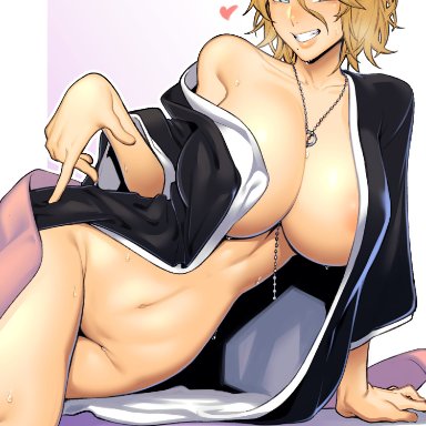 bleach, matsumoto rangiku, dyun, 1girls, areola slip, arm support, black kimono, blonde hair, blue eyes, breasts, breath, collarbone, feet out of frame, female, grin